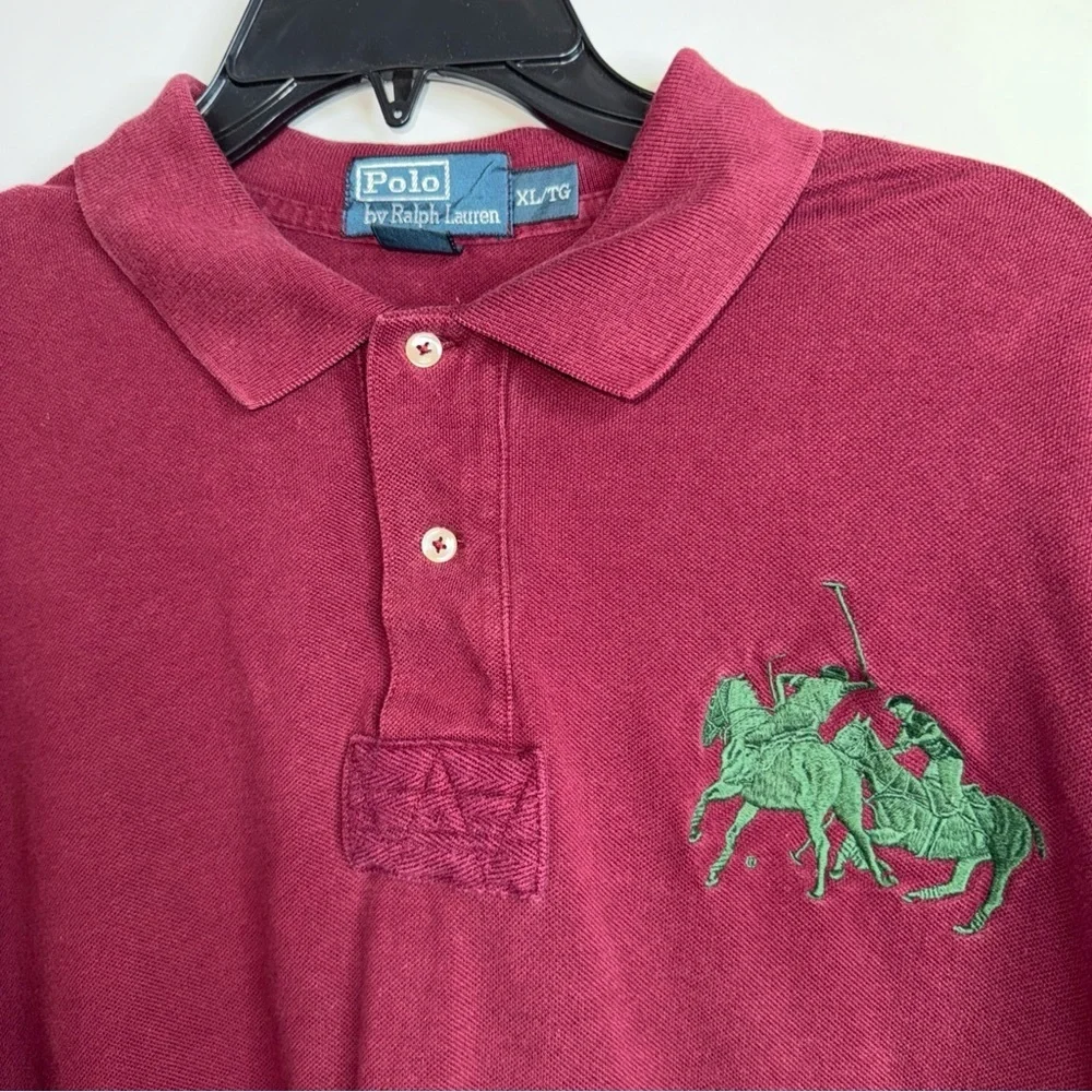 Vintage Ralph Lauren Maroon Long Sleeve Polo With DOUBLE Green Pony’s #3